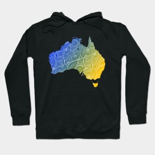 Colorful mandala art map of Australia with text in blue and yellow Hoodie